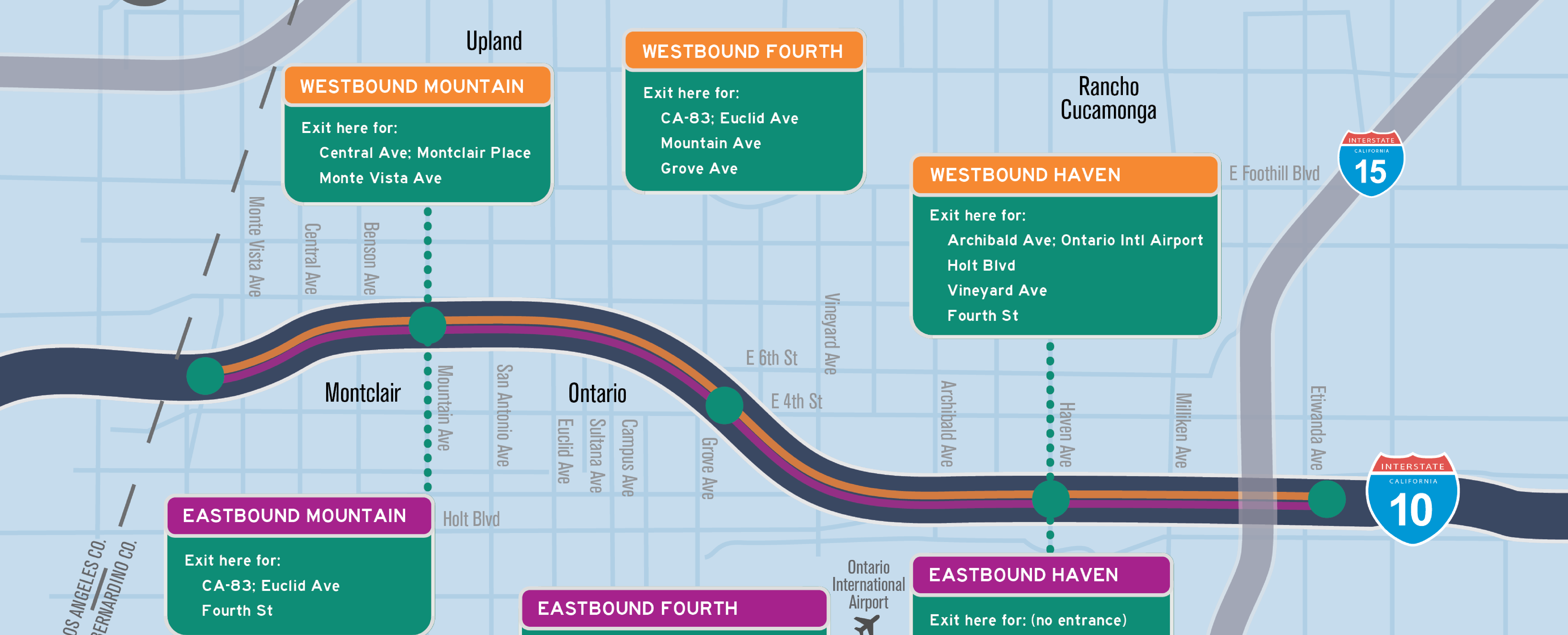 Interstate 10 and 15 interchange entry and exit points for express lanes.